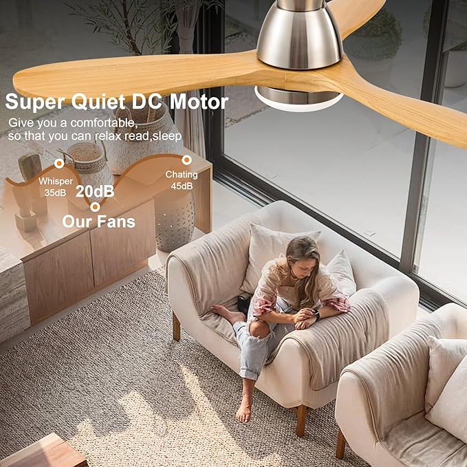 42 Inch Flush Mount Ceiling Fans with Lights and Remote, Dimmable 3 Blade Wood Bedroom Ceiling Fan with Lights Low Profile Ceiling Fan with Light Brushed Nickel Outdoor Ceiling Fans for Patios