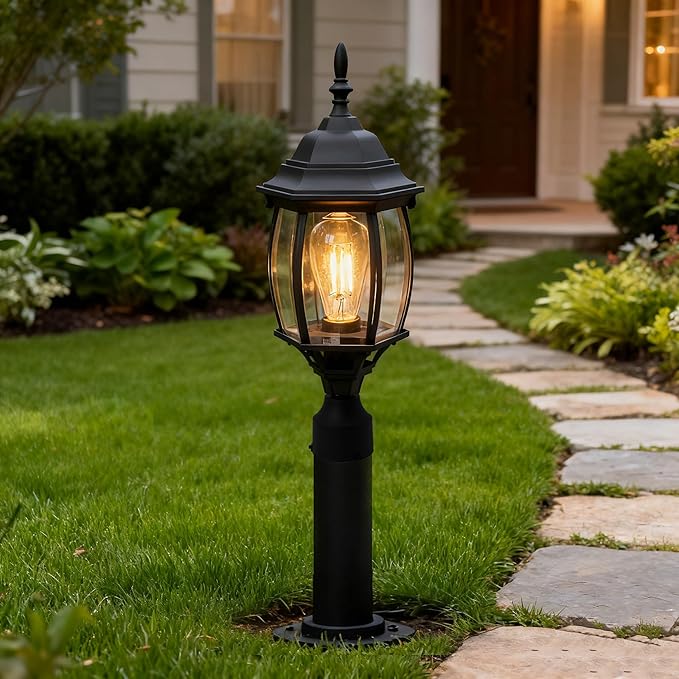 2 Pack Black Outdoor Lamp Post for Patio Pathway, 17inch Black Outdoor Post Light Fixture for House Pier Mount Outside Lighting Exterior Pole Lamp 17” Coach Light