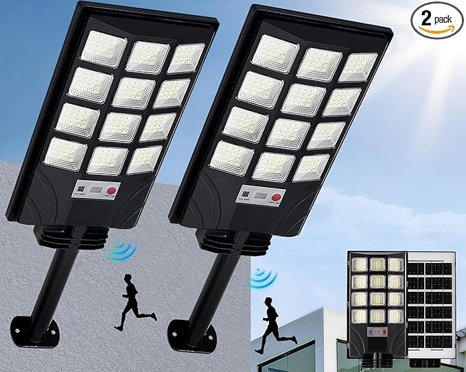Solar Lights Outdoor for Outside, IP66 Waterproof Solar Street Lights Outdoor with Motion Sensor & Dusk to Dawn, 6500K Security Flood Light for Yard Garden with Remote Control - 2PACK