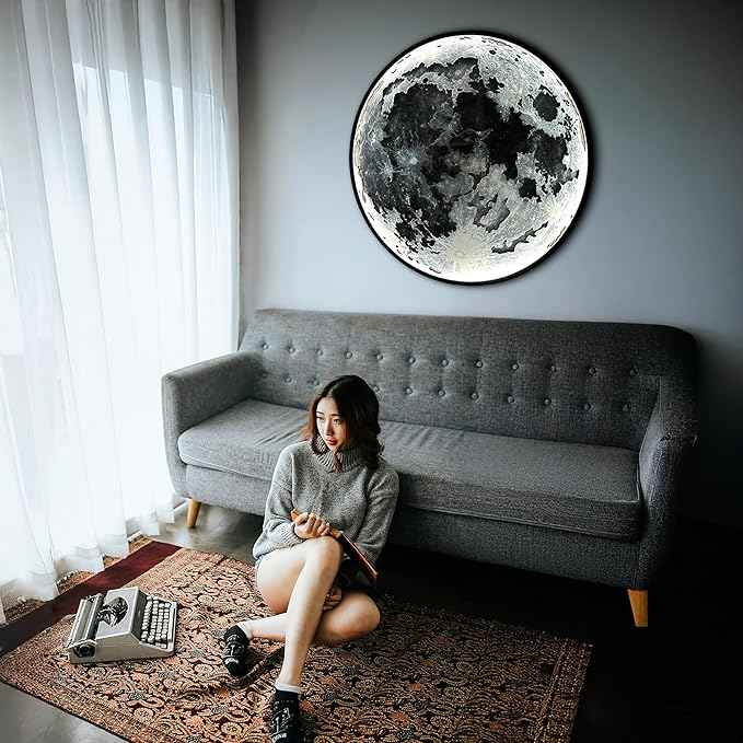 JUST Like Wood LED Dimmable Moon Wall Light with Remote Control - Large Moon Wall Sconce Plug in - Lighted Wall Art - Unique Celestial Home Decor (with Acrylic Glass, 90cm/35.4'')