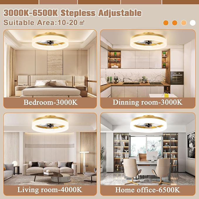 VOLISUN Low Profile Ceiling Fans with Lights and Remote,15.7in Modern Ceiling Fan Flush Mount, 3000K-6500K Dimmable Bladeless LED Fan Light,Gold Fandelier Ceiling Fans with Lights for Bedroom - Aura Lighting