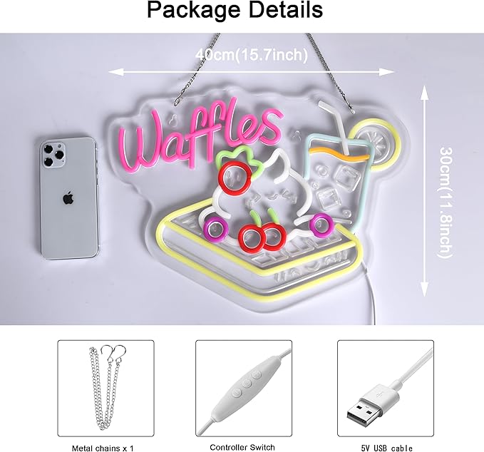 Waffles Neon Sign, Neon Lights Hanging Wall Art Decoration for Store Retail Shop Market Grocery Bakeries Dessert Café Celebration Home Decor,USB Powered Ultra Bright Dimmable,15.75×11.8inches