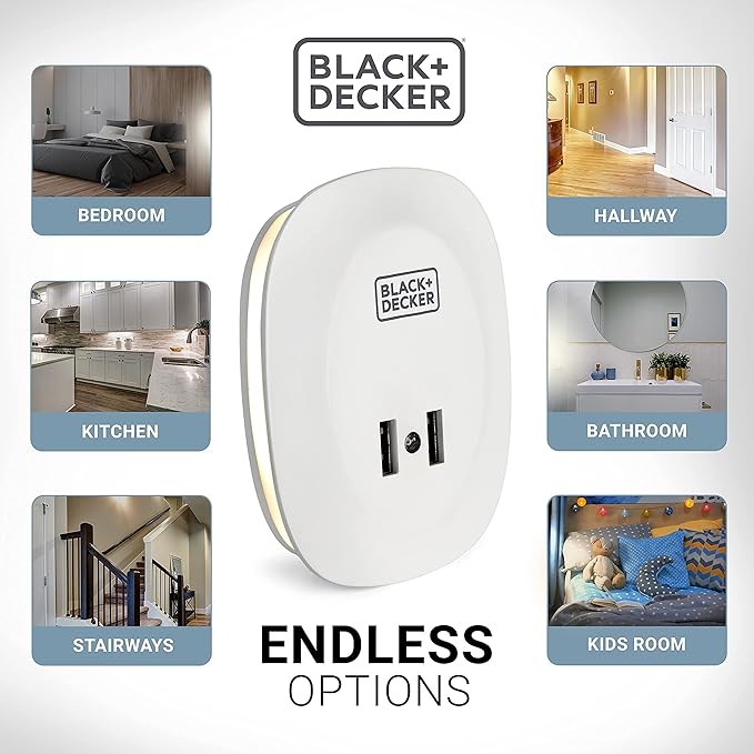 BLACK+DECKER Night Light Plug in with 2 USB Charging Ports, Photocell Sensor, 10 Lumen, 2 Pack