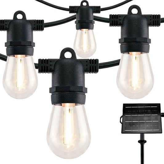 YULETIME 35 Feet 18 LED Solar Powered Patio String Lights, E26 Base with S14 Bulb Dimmable Weatherproof Backyard Light Bistro Lights (18 Lights - Solar Powered)