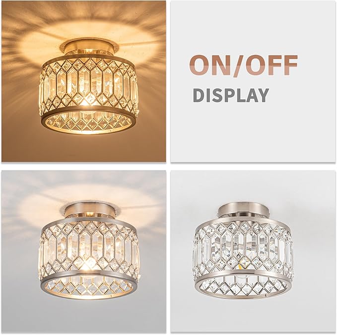 Crystal Ceiling Light Fixture, Modern Semi Flush Mount Ceiling Light,Crystal Chandelier for Kitchen Bedroom Bathroom Entryway Nickel Finish (Bulb not Included)