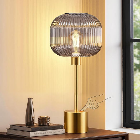QiMH Glass Table Lamp for Living Room, Modern Bedside Lamp with Grey Ribbed Glass Shade, 3-Way Dimmable Touch Control Nightstand Lamp for Bedroom, Brushed Gold (2700K LED Bulb Included)