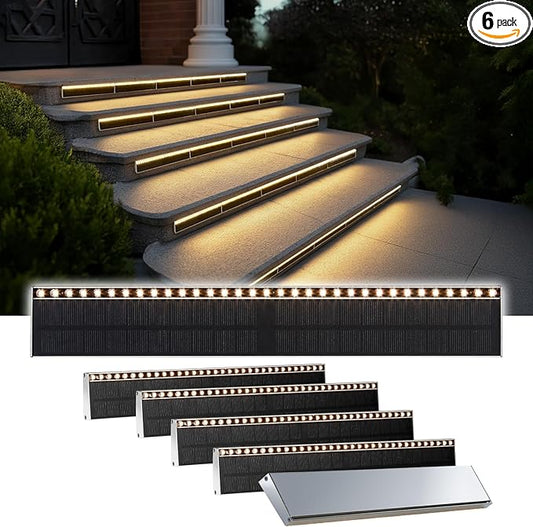 Solar Step Lights for Outside, 33 Focused-Beam High-Brightness LEDs, Waterproof Aluminum Outdoor Stair Light for Risers, Curbsides, Poolsides, Planter Edges (Warm White, 6Pack)