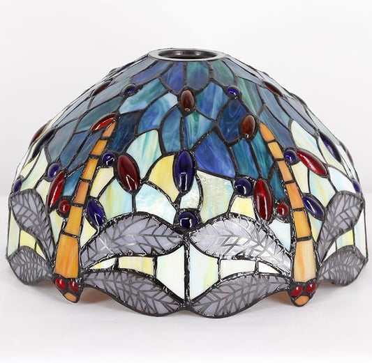 Tiffany Lamp Shade Replacement 12X6 Inch Stained Glass Lampshade Only 1-5/8-Inch Fitter Opening for Arched Floor Lamp, Torchiere Lamp, Pendant Light (Blue Yellow Dragonfly)