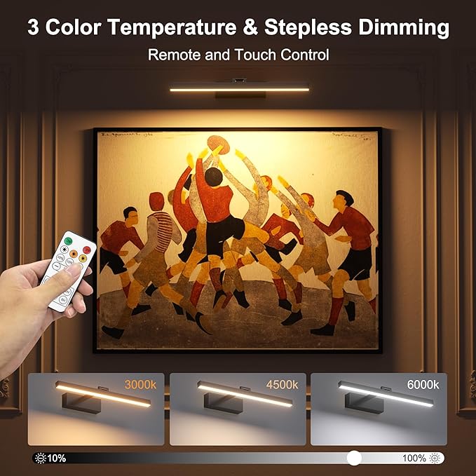 15.7" 10000mAh Rechargeable Picture Wall Light,3CCT Dimmable Wall Sconce with Remote/Touch Control,Battery Operated Art Light for Paintings,Display, Wall, Artwork, Gallery(Black,1Pack)