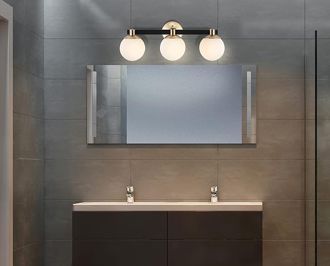 JONATHAN Y 5.75" Brass Gold/Black Modern Globe LED Vanity Wall Sconce Light, White Frosted Glass Shade, Mid-Century Art Deco Wall Lamp for Bathroom, Kitchen, Hallway (JYL3542A)