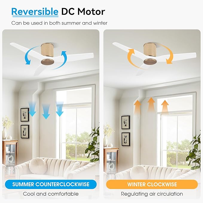 48" Ceiling Fan No Light - Low Profile Flush Mount Ceiling Fan, 6-Speed Remote Control, Solid Wood, Quiet Reversible DC Motor, White/Gold Finish, for Bedroom, Living Room, Porch - Aura Lighting