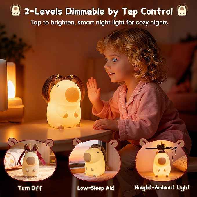 Cute Capybara Night Light with DIY Hairstyle ,Squishy Silicone Lamp, Nursery Nightlight for Kids, Rechargeable Touch Bedside Lamp, Bedroom Decor, Baby Boys Girls,White Elephant Gifts,Funny Xmas Gifts
