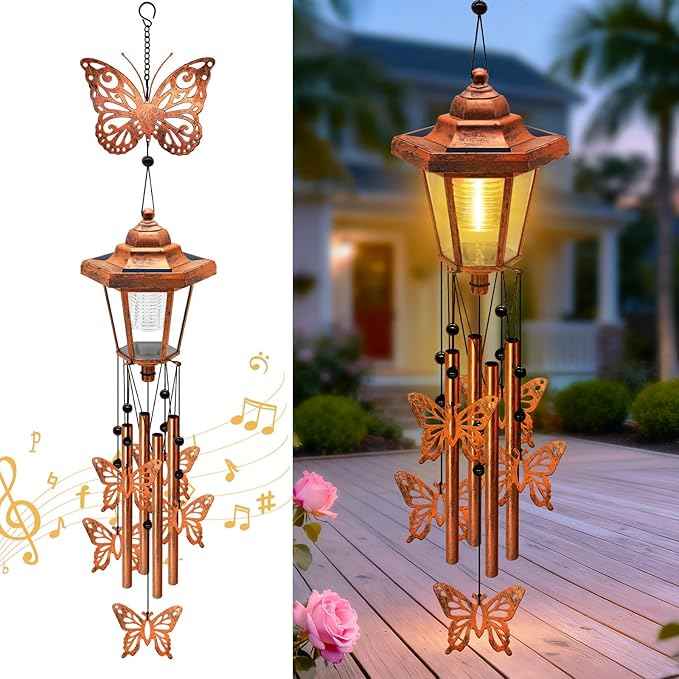 Large Solar Butterfly Wind Chimes, Gift for Women Mom Grandma Wife Sister Daughter Neighbor, Classic Bronze Wind Chimes With Wind Catcher, Solar Decor Lights For Outdoor Garden Patio Yard Porch Window