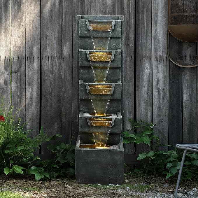 SunJet 4-Tiers Modern Cascading Indoor/Outdoor Fountains and Waterfalls with LED Lights - 39.3" High Large Water Fountain for Garden, Patio, Yard, and Deck Decor - Relaxing Water Fountain Outdoor