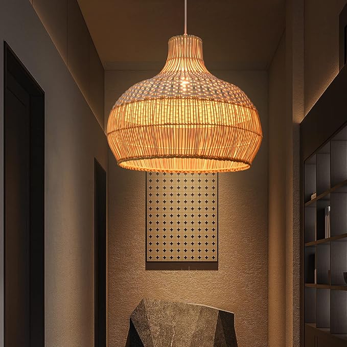 Arturesthome 1 Light White Rattan Pendant Light, Wicker Hanging Ceiling Light Chandelier, Handmade Woven Lampshade for Kitchen Island