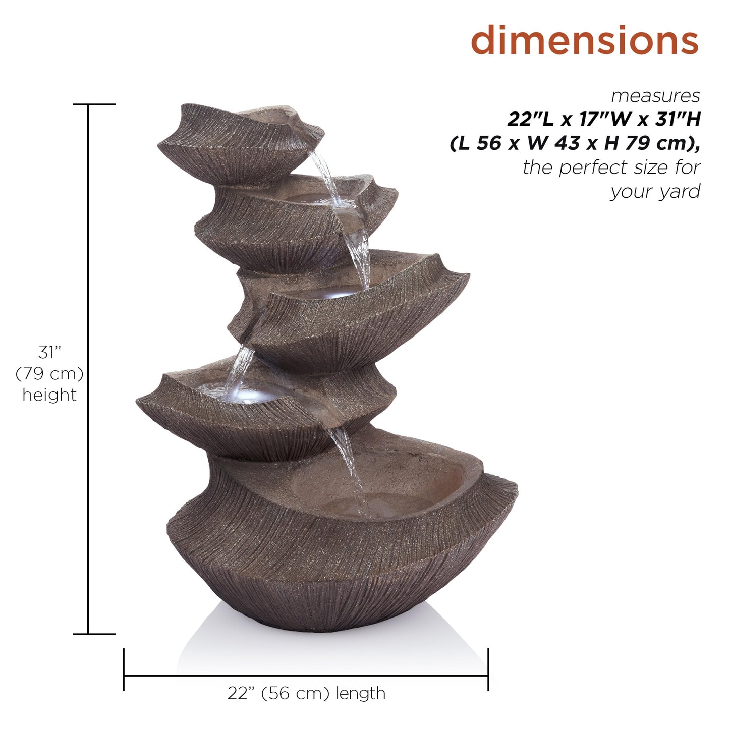 WIN1332L BR Outdoor Floor Tiered Basin Fountain with LED Lights