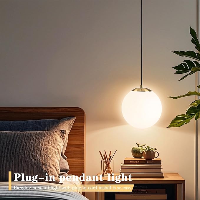KoKo&Yukina 8" Globe Pendant Light Gold Plug in Pendant Light Adjustable Hanging Lights with Plug in Cord Brushed Gold Finished with Milk Glass Lampshade for Bedroom Kitchen Island（Bulb Included）