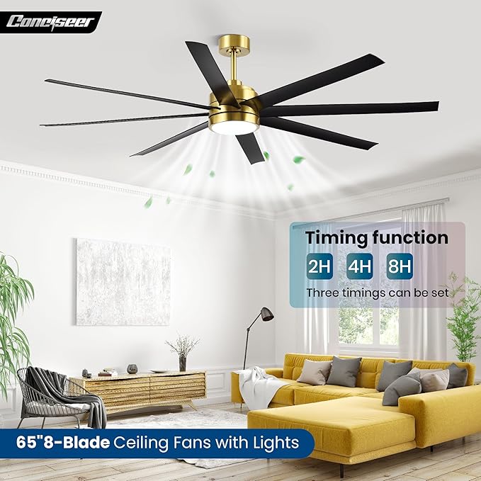 65 Inch Ceiling Fans with Lights and Remote for Bedroom Living Room Kitchen Office, Indoor/Outdoor Use, 3CCT, 8 Blades 6 Speed Reversible Dimmable Quiet DC Motor, Gold/Black
