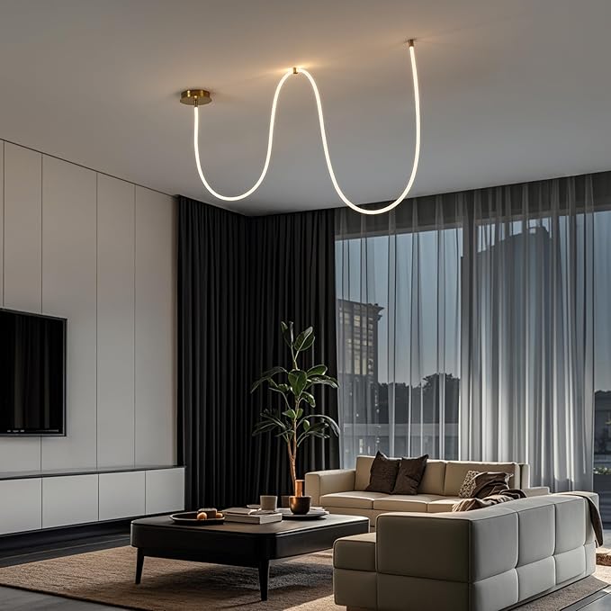 JONATHAN Y 55" Brass Gold Modern Minimalist Linear LED Flush Mount Light, 360° Adjustable Silicone Neon Rope, Dimmable Lamp for Bedroom, Living Room, Home Office (JYL7142A)