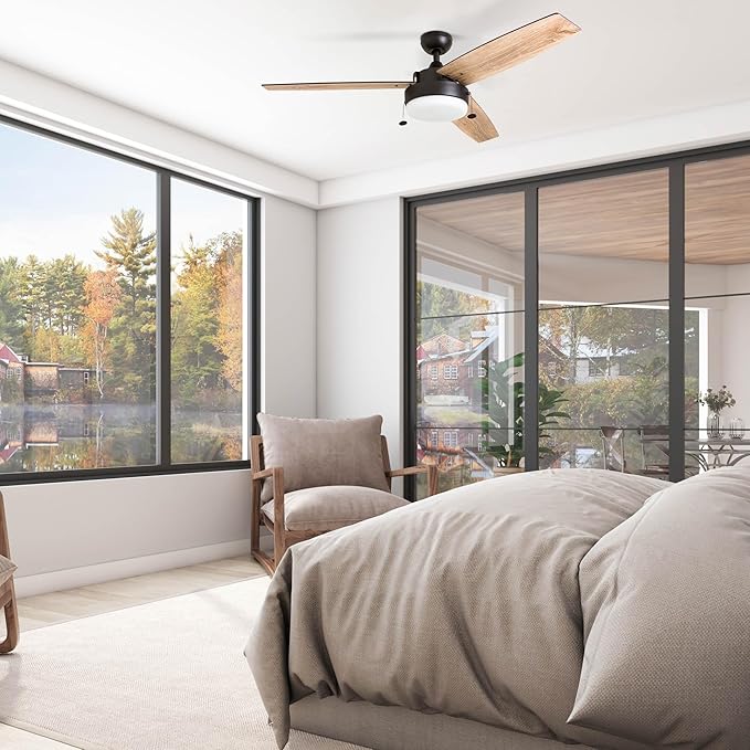Prominence Home Statham, 52 Inch Contemporary Indoor LED Ceiling Fan with Light, Pull Chain, Dual Mounting Options, Modern Dual Finish Blades, Reversible Motor - 51018-01 (Espresso)
