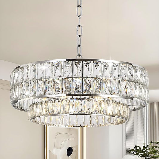 20 Inch Contemporary Luxury Crystal Chandelier, 6-Light Chrome Semi-Flush Mount Ceiling Fixture, Round Crystal Pendant Design Perfect for Living Room, Dining Room, Kitchen, Foyer & Bedroom - Aura Lighting