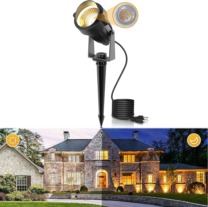 L LOHAS LED Landscape Spot Lights Outdoor, Dusk to Dawn Sensor 5W LED Spotlights for Yard, 120V 450LM Pathway Garden Outside Lights, 9.84-ft Cord, IP66 Waterproof 3000K Warm White, UL Listed 1 Pack - Aura Lighting