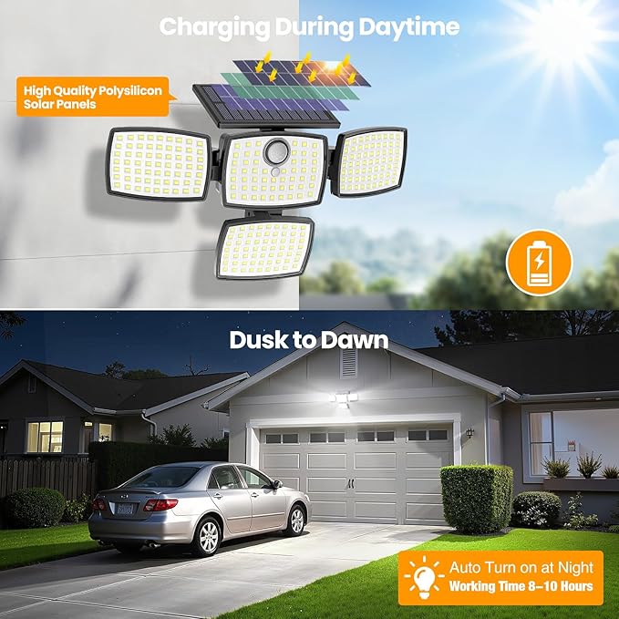 Onforu Solar Lights Outdoor 3000LM 4 Heads Motion Sensor Outdoor Lights, 3 Mode, Solar Security Wall Lights, IP65 Waterproof Flood Lights, Graden, Backyard, 2 Pack