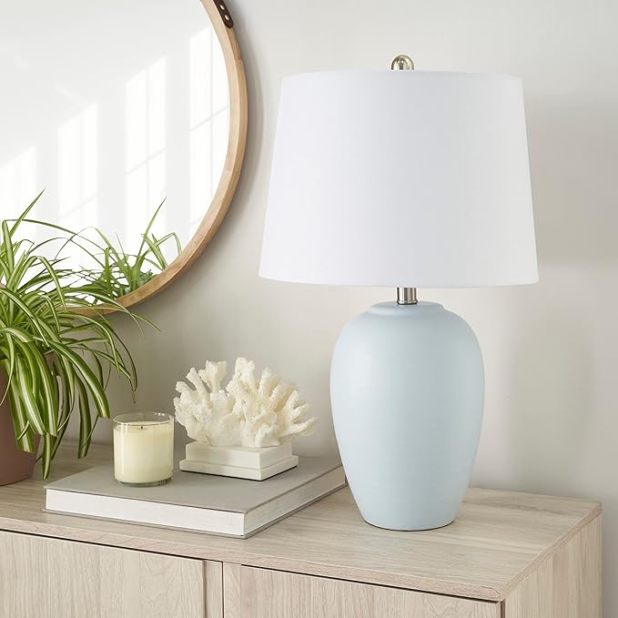 Nourison Home 23" Coastal Blue Ceramic Pot Table Lamp for Bedroom, Living Room, Dining Entryway, with White Shade - Aura Lighting