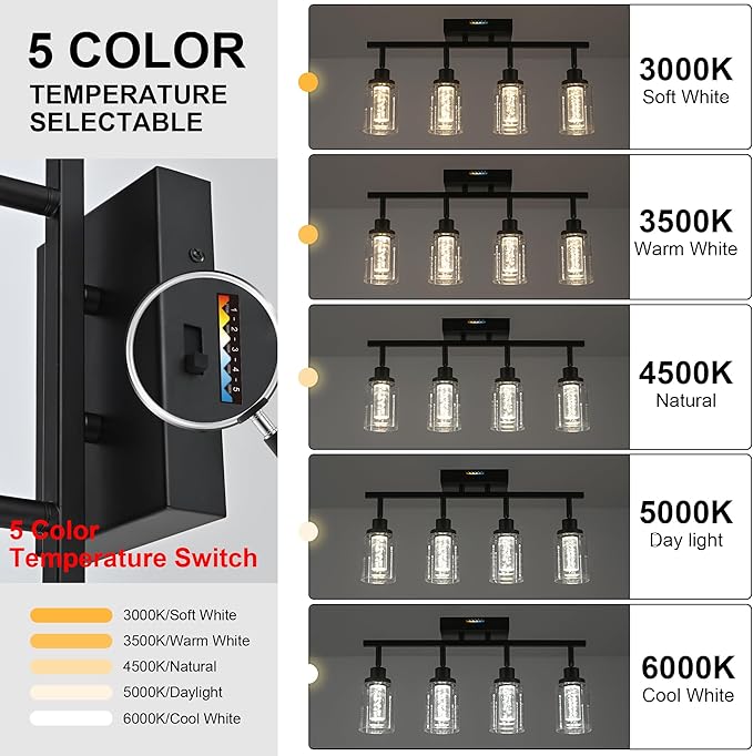 MELUCEE LED Track Lighting Fixtures Ceiling 4-Light Black Semi Flush Mount Ceiling Light Bathroom Wall Light with Flexibly Rotatable Light Heads, Built-in LED Chips, 5-Color Temperature Adjustable - Aura Lighting