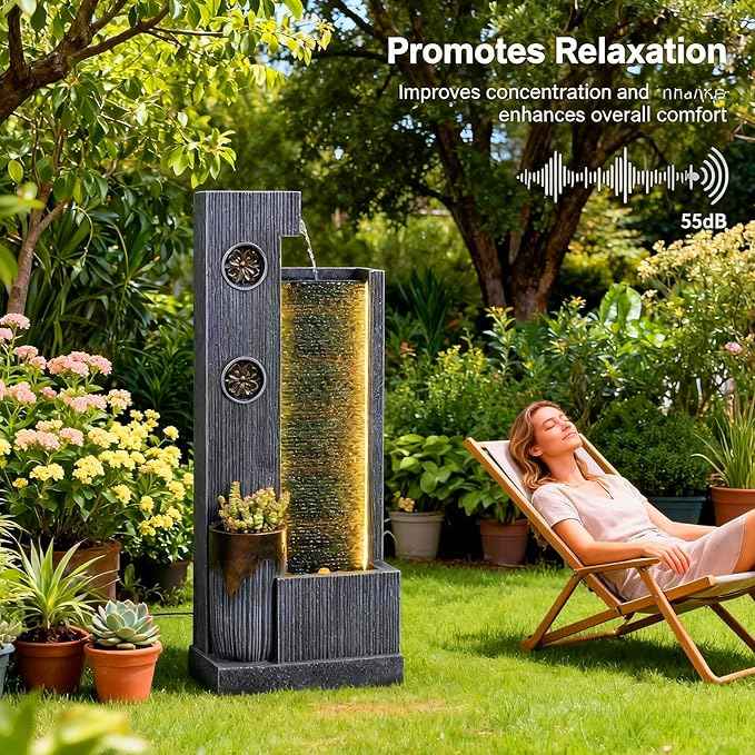 37" H Modern Indoor Water Fountains - Rectangular Outdoor Waterfall Fountain with LED Lights and Pump and Sculpted Flowers for Office, Living Room, Bedroom, Garden and Home Art Decor