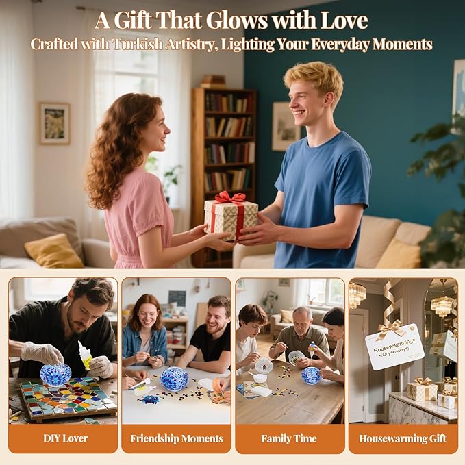 DIY Turkish Mosaic Lamp Kit, Stained Glass Table Lamp Making Kit- Easy and Fun, No Experience Needed, Mosaic Art & Craft Project Kits for Adults & Teens, Make Your Own Table Lamp,Blue