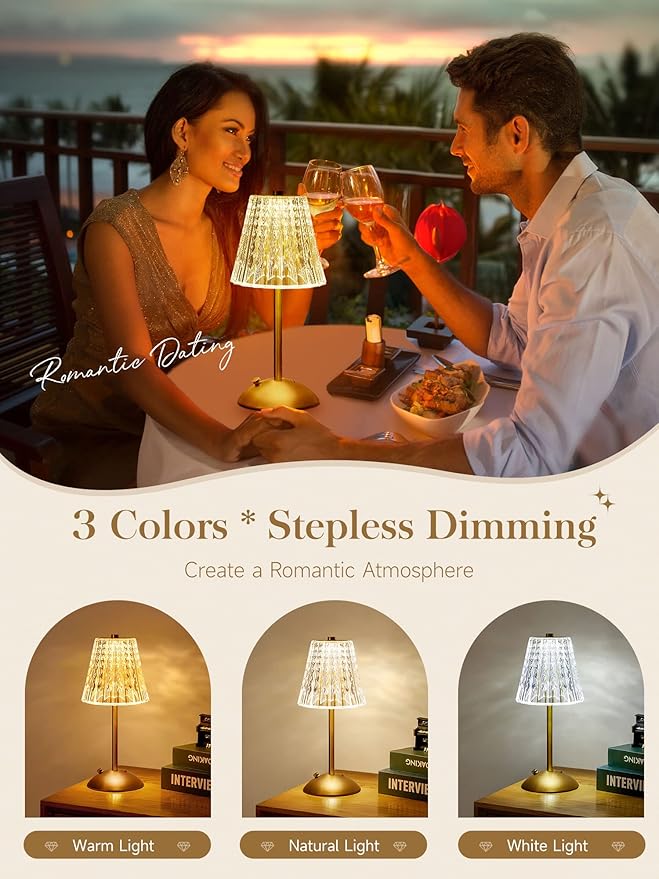 【3200mAh】Brass Table Lamp, 3 Colors+Dimmable+Touch Crystal Lamp LED Gold Lamp, Mood Lighting Mood Light, Brass Decor for Bedroom/Bathroom/Kitchen/Dinner/Bar/Entryway/Buffet, Traditional Home Decor