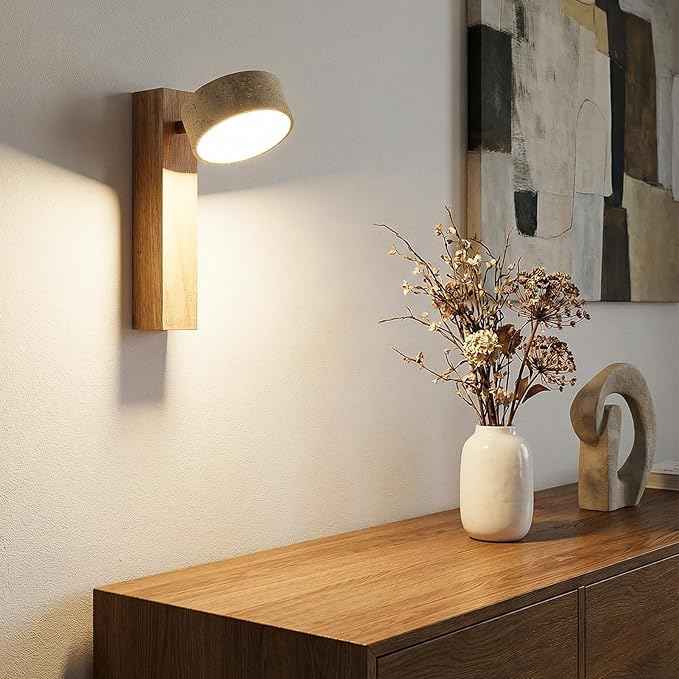 Natural Travertine Bathroom Vanity Light, 300° Swivel Japandi Ash Wood LED Wall Sconce, Warm Travertine Stone Farmhouse Mirror Lighting Fixtures, Modern Rustic Wall Lamp for Powder Room Bedroom(110V)