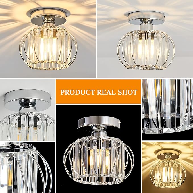 YYJLX Modern Semi Flush Mount Ceiling Light Fixture E26 Mini Crystal Chandelier Chrome Small Ceiling Lamp for Entryway Bedroom Bathroom Hallway Closet Foyer （Silver