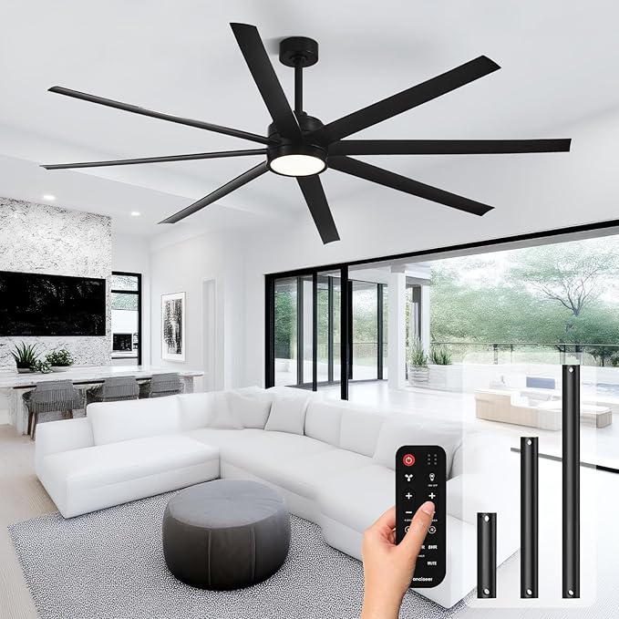 Ceiling Fans with Lights, 84 Inch Ceiling Fan with Light and Remote,Living Room Library Cafe Outdoor/Industrial, 3CCT 8 Blades 6 Speed Reversible Quiet DC Motor, Black/A
