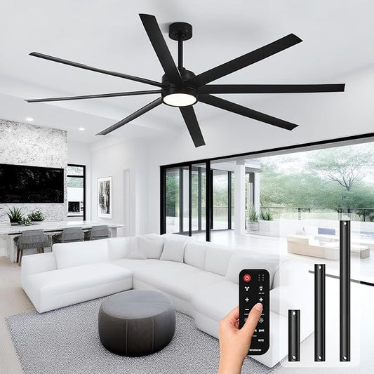 Ceiling Fans with Lights, 84 Inch Ceiling Fan with Light and Remote,Living Room Library Cafe Outdoor/Industrial, 3CCT 8 Blades 6 Speed Reversible Quiet DC Motor, Black/A