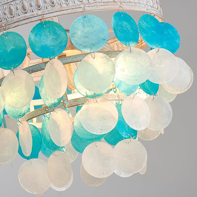 White Blue Capiz Shell Ceiling Light, Capiz Shell Chandeliers for Dining Room, Living Room, Bedroom, Hallway, D12.6'' × H13.4'', 3 * E12 Sockets, White Finish Frame & White Blue Shell - Aura Lighting