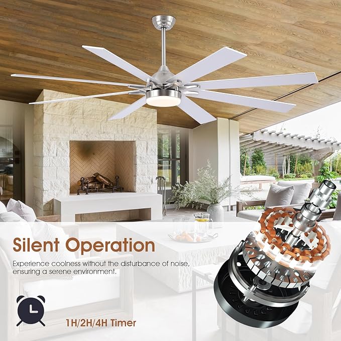 72 Inch Large Ceiling Fans with Lights and Remote, Indoor/Outdoor Nickel Modern Industrial Ceiling Fan with light for Living Room Patios Porch, Reversible Quiet Motor, 8 Dual Finish Blades