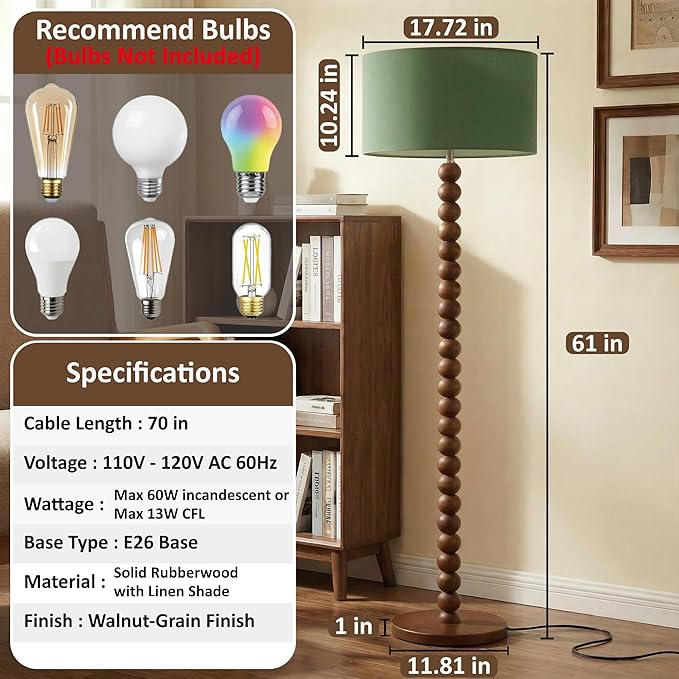 Buruis 61" Beaded Wood Floor Lamp with 17.2" Large Linen Shade, UL Listed, Retro Mid-Century Accent Walnut Finish Standing Lamp for Living Room, Bedroom, Office, Corner, Bulb Not Included, Green
