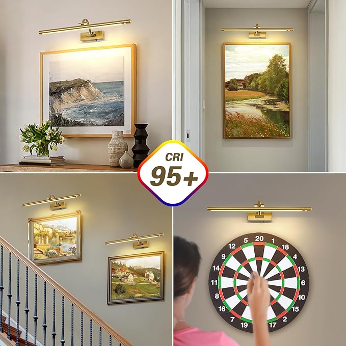 Wireless Brass Picture Lights for Wall Motion Activated, Motion Sensor Art Lights Auto-Off Gallery Lights for Portraits Display 24 Inch 5W Warm White