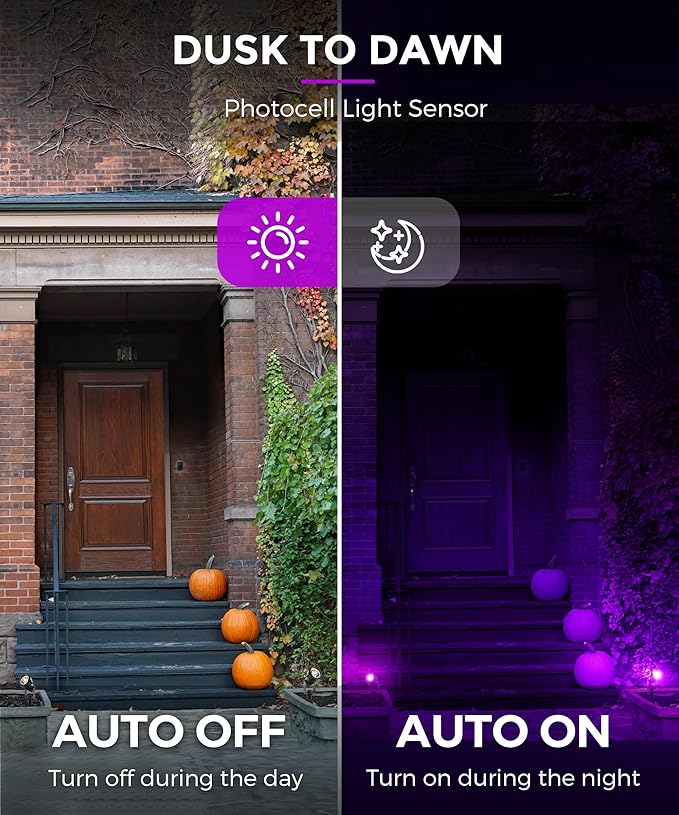 L LOHAS LED Halloween Orange and Purple Spotlights Outdoor, Auto On/Off 5W 120V Landscape Lighting for for House, Holiday, Trees, Decoration, 450LM IP66 Waterproof, UL Listed, 2 Pack - Aura Lighting