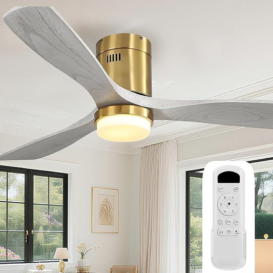 Sofucor Ceiling Fan with Lights-52 Inch Flush Mount Ceiling Fan with Light and Remote Control, Low Profile Wood Blades Modern Outdoor Ceiling Fans for Bedroom/Farmhouse/Patio/Indoor, Quiet DC Motor