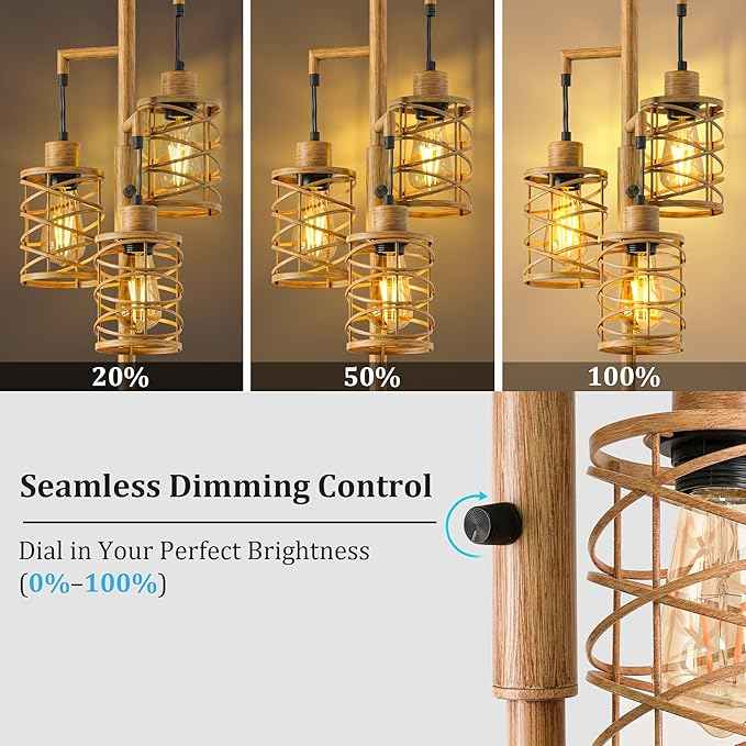 BOBOMOMO 70" Farmhouse Dimmable Floor Lamp, Light Wood Grain Industrial Metal Cage Standing Lamp with 3 LED Bulbs, Stepless Dimming Tall Tree Lamp for Living Room, Bedroom, Studio, Corner