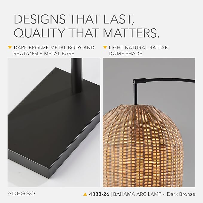 Adesso Bronze Arc Floor Lamp with a Rattan Shade – Modern, Coastal Overhead Accent Light for Bedroom, Living Room, or Home Office, 80” Tall