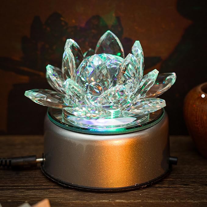 Crystal Lotus Night Light - Crystal LED Light 7 Color Change Rotating Base for Bedroom Table Desktop Bedside Electric Altar Light Buddha lamp Lotus Flower Ornament Great Gift Idea