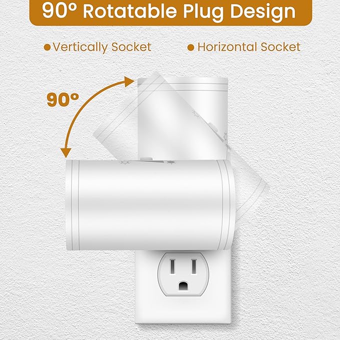 4 Pack LED Wall Plug-in Night Light with Dusk to Dawn Sensor, 5000K Daylight White, Dimmable 0-300LM, Adjustable Rotating Lamp for Bedroom, Bathroom, Kitchen, Hallway (Auto On/Off, Wall Outlet)