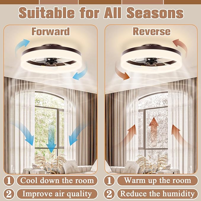 VOLISUN Low Profile Ceiling Fans with Lights and Remote,15.7in Modern Ceiling Fan Flush Mount, 3000K-6500K Dimmable Bladeless LED Fan Light,Brown Fandelier Ceiling Fans with Lights for Bedroom - Aura Lighting