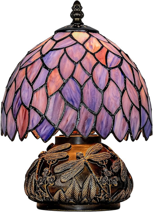 Tiffany Style Table Lamp, Stained Glass Blue Purple Wisteria Desk Lamp with Antique Bronze Dragonfly Resin Base, Vintage Accent Light for Bedroom, Living Room, Study 8x11 Inch