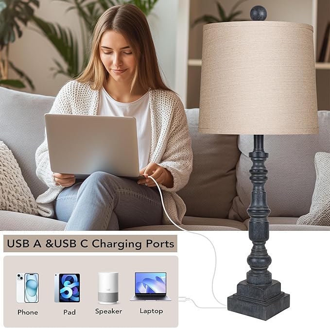 PARTPHONER 28" Table Lamp for Living Room Set of 2, Rustic Buffet Lamps with USB A+C, Farmhouse Bedroom Lamp, Vintage Mid Century Bedside Nightstand Lamps for End Table Home Decor Office Antique Grey