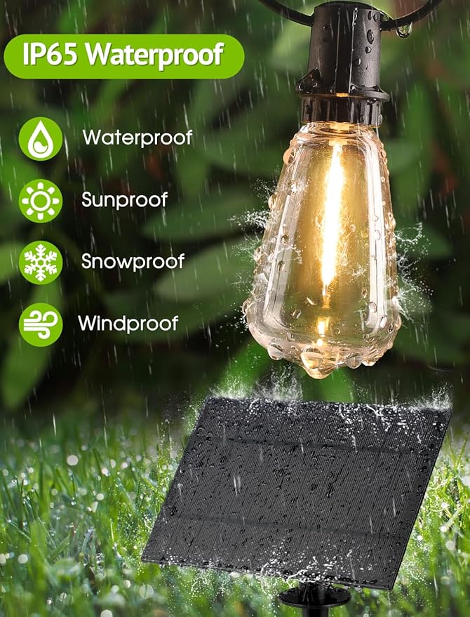 144FT(3x48FT) Solar Outdoor String Lights with Remote & Timer, Waterproof Dimmable Patio Lights with 54+3 ST38 LED Bulbs for Porch Party-Black